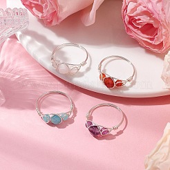 丸い天然ローズクォーツ、アメジスト、フローライト、カーネリアン、アマゾナイト、赤瑪瑙の指輪  女性用銅線巻きリング  内径：18mm&nbsp;RJEW-JR00757