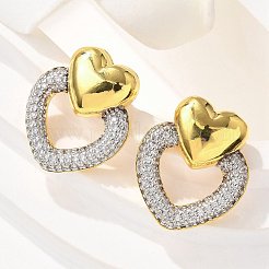 真鍮マイクロペーブクリアキュービックジルコニアスタッドピアス  ラックめっき  長持ちメッキ  鉛フリー＆カドミウムフリー  ハート  18KGP本金メッキ  19.5x16.5mm&nbsp;EJEW-F359-03G-02