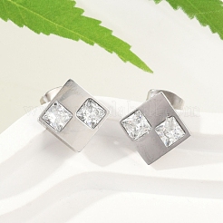 304ステンレススチールマイクロパヴェクリアキュービックジルコニアスタッドピアス  菱形  ステンレス鋼色  13x13mm&nbsp;EJEW-Z089-25P