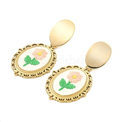 304ステンレススチールと布刺繍のスタッドピアス  花柄とオーバル  真鍮製耳スタッドパーツ付き  ゴールドカラー  59.5x30.5mm&nbsp;EJEW-JE07298-02