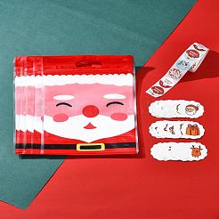 クリスマスをテーマにした長方形のプラスチック製ジッパー付きキャンディ保存袋  粘着紙ステッカーロールと紙印刷ギフトタグ付き  レッド  220x155x0.1mm&nbsp;OPP-FS0001-11