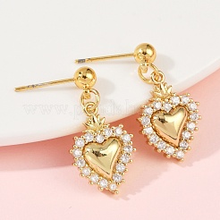Heart Brass Micro Pave Clear Cubic Zirconia Dangle Stud Earrings&nbsp;EJEW-F895-14G