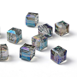 ファセットキューブ電気メッキガラスビーズ  虹メッキ  ミディアムターコイズ  7x7x7mm  穴：1mm&nbsp;X-EGLA-E006-1J