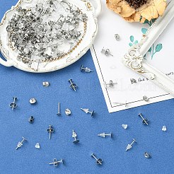 100個 2スタイル 304ステンレススチールスタッドピアス金具  304ステンレススチール製イヤーナット50個  50個のプラスチック製イヤーナット  ステンレス鋼色  12x4~6mm  ピン：0.6~0.7mm&nbsp;STAS-YW0003-44