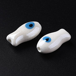 手作りの陶器ビーズ  手描きの陶器ビーズ  ファミーユスタイルバラ  魚  ホワイト  19.5x10x8mm  穴：2mm&nbsp;X-PORC-T007-06A