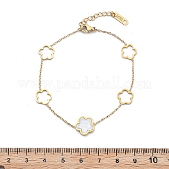 イオンプレーティング（IP）304ステンレススチールリンクブレスレット  女性用アズキチェーンジュエリー  エナメル  花  ホワイト  7-1/8インチ（18cm）&nbsp;BJEW-P345-11G-01