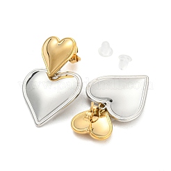 304ステンレススチール製ダブルハートダングルスタッドピアス（女性用）  ゴールデン·ステンレス鋼色  32.5x20mm&nbsp;LS-EJEW-D076-01D-GP