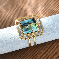女性用スクエア 304 ステンレススチール パウアシェル カフリング  イオンプレーティング（ip）  18KGP本金メッキ  17x17mm  usサイズ6（16.5mm）&nbsp;RJEW-G346-03G-01