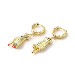 馬の目が付いた手のひらの本物の 18k 金メッキ真鍮製ダングル フープ イヤリング  エナメル質とキュービックジルコニア付き  レッド  36x8.5mm&nbsp;EJEW-Q797-21G-03