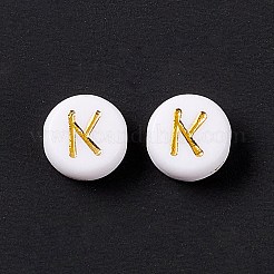 メッキアクリルビーズ  ゴールドライン入り  水平穴  アルファベット付きのフラットラウンド  ホワイト  ランダムな混合文字  7x3.5mm  穴：1.2mm  約3600個/500g&nbsp;PACR-R242-01-M