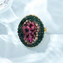 Brass & Polymer Clay Rhinestones & Natural Garnet Cuff Rings&nbsp;RJEW-G365-01G