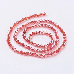 ガラスビーズ連売り  ABカラーメッキ  多面カット  双円錐形  レッド  4x4mm  穴：1mm  約92~96個/連  13.78~14.37インチ&nbsp;X-EGLA-S056-13