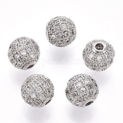 Rack Plating Brass Cubic Zirconia Beads, Long-Lasting Plated, Cadmium Free & Lead Free, Round, Platinum, 8x7mm, Hole: 2mm