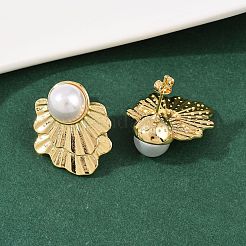 真鍮、ABS樹脂、パールフラワースタッドピアス  長持ちメッキ  ラックめっき  18KGP本金メッキ  25x21mm&nbsp;EJEW-L275-12G-01