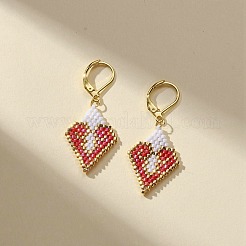 ガラスシード編み込みひし形ハートダングルフレンチフックピアス  女性用304ステンレススチールドロップイヤリング  トマト  44mm  ピン：0.7mm&nbsp;EJEW-MZ00030-02