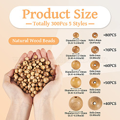 300個5スタイルの天然木ビーズ  染色されていない  ラウンド  ダークチソウ  5.5~15mm  穴：1.8~2mm&nbsp;WOOD-TA0002-86