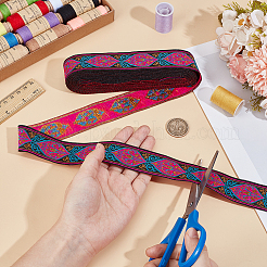 フラットなエスニックスタイルのポリエステル刺繍花柄リボン  洋服アクセサリー  フクシア  1-1/4インチ（33mm）  約7.66ヤード（7m）/ pc&nbsp;OCOR-WH0078-332A