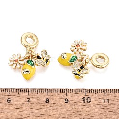 真鍮マイクロパヴェクリアキュービックジルコニアとエナメルのヨーロピアンダングルチャーム  レモンと花とミツバチ  大穴ペンダント  18KGP本金メッキ  きいろ  28mm  穴：4.8mm&nbsp;KK-T079-83G
