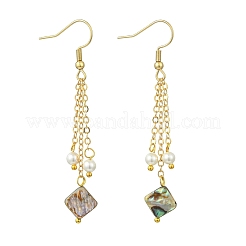 シェルパールとアワビ貝／パウア貝のドロップピアス（女性用）  304ステンレススチールピアスフック付き  ゴールドカラー  菱形  65x10mm&nbsp;EJEW-JE07328-02