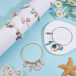DIYの海をテーマにしたブレスレットバングル作成キット  フィッシュボーン＆スパイラルシェル＆マーメイド合金エナメルペンダントを含む  プラスチックパールビーズ  拡張可能なバングル  ミックスカラー  164個/箱&nbsp;DIY-SZ0009-35