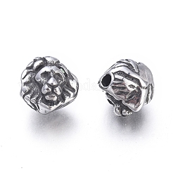 304ステンレススチールビーズ  ライオンヘッド  アンティークシルバー  10x10.2x10mm  穴：2mm&nbsp;STAS-M274-091AS