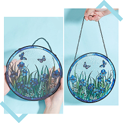 Flat Round with Butterfly Glass Hanging Suncatcher&nbsp;HJEW-WH0036-121