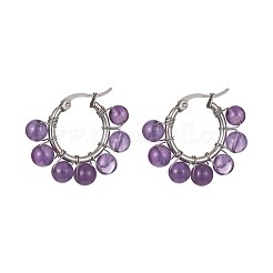 Natural & Synthetic Mixed Gemstone Round Beaded Hoop Earrings&nbsp;EJEW-JE05412