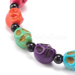 Natural Mashan Jade Skull Beaded Stretch Bracelet with Synthetic Turquoise(Dyed) Cross Charm&nbsp;BJEW-JB08372
