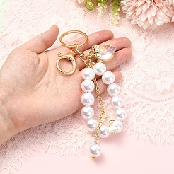 アクリル＆ABS樹脂製パールビーズキーホルダー  鉄製のスプリットキーリングと合金製のカニカン付き  苺  ゴールドカラー  透明  160mm&nbsp;KEYC-YW00299-01