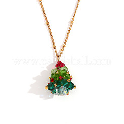Glass Beaded Christmas Tree Pendant 304 Stainless Steel Satellite Chain Necklaces&nbsp;FS-WG4D061-02