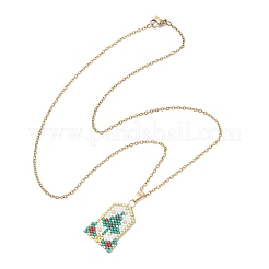 Glass Seed Beaded Rectangle with Christmas Tree Pendant 304 Stainless Steel Cable Chain Necklaces for Women&nbsp;NJEW-MZ00136