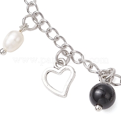 Natural Black Agate(Dyed & Heated) & Natural Pearl & 304 Stainless Steel Heart Tassel Curb Chain Anklets&nbsp;AJEW-AN00697