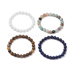 4Pcs Constellation 8mm Round Natural Lapis Lazuli & Malaysia Jade & Flower Amazonite & Yellow Tiger Eye Beaded Stretch Bracelets for Women&nbsp;BJEW-JB10638