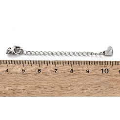 304ステンレススチールチェーンエクステンダー  ハート  留め具とチャーム付き  ステンレス鋼色  71mm  穴：2.5mm&nbsp;STAS-N088-46P