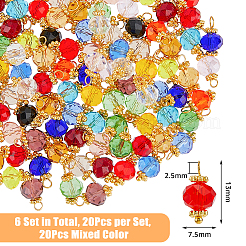 20色のガラスチャーム120個。  金色の真鍮ループ付き  多面カット双円錐形  ミックスカラー  13x7.5mm  穴：2.5mm  6個/カラー&nbsp;FIND-DC0004-81