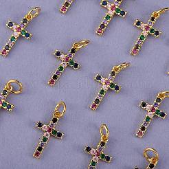 20本真鍮マイクロパヴェカラフルキュービックジルコニアペンダント  クロス  ゴールドカラー  16x9x2mm  穴：3mm&nbsp;ZIRC-SZ0001-82