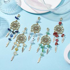 羽の真鍮と合金のペンダント装飾が施された織りネット/ウェブ  304ステンレススチール留め具と天然宝石チップとイーブルアイランプワークリンク付き  ミックスカラー  115mm&nbsp;HJEW-JM01157