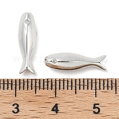 真鍮製マイクロパヴェキュービックジルコニアビーズ  カドミウムフリー＆ニッケルフリー＆鉛フリー  魚  925銀メッキ  15.5x4.5x4mm  穴：0.8mm&nbsp;KK-U045-15S