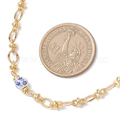 Printed Porcelain Round Blue and White Bead & Brass Oval Link Chain Necklaces for Women&nbsp;NJEW-JN05588