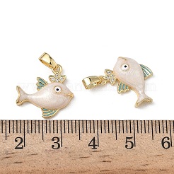 真鍮製マイクロパヴェキュービックジルコニアペンダント  エナメル  魚のチャーム  18KGP本金メッキ  フローラルホワイト  16x16.5x4.3mm  穴：4x2.5mm&nbsp;KK-F924-19A-G02