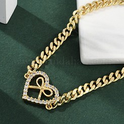 真鍮マイクロペーブクリアキュービックジルコニアリンクブレスレット  女性用キューバチェーンジュエリー  18KGP本金メッキ  ハート  7-3/8インチ（18.7cm）  ペンダント：30x20x4mm&nbsp;BJEW-M050-05G-01