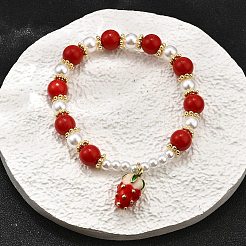 真鍮製ストレッチブレスレット  エナメルチャーム、プラスチック模造真珠ビーズ、ガラスビーズ付き  ラックめっき  ゴールド  苺  内径：1-7/8インチ（4.8cm）&nbsp;BJEW-C098-02A