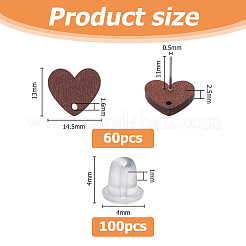 木製スタッドピアス60個  316ステンレスピン付き  100個のプラスチック製イヤーナット  ハート  4~13x4~14.5x2.5~4mm  穴：1~1.6mm  ピン：0.5x11 M&nbsp;EJEW-FI0003-33A