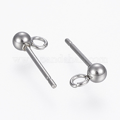 変色しない304ステンレススチールスタッドピアス金具  カン付き  ラウンド  ステンレス鋼色  14x3mm  穴：2mm  ピン：0.8mm  ラウンド：3mm&nbsp;X-STAS-H410-10P