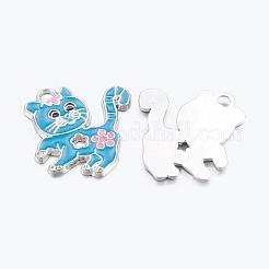 合金エナメル子猫ペンダント  カドミウムフリー＆鉛フリー  花の形の漫画猫  プラチナカラー  ミックスカラー  27x24x2mm  穴：3mm&nbsp;X-ENAM-P033-M