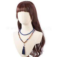 天然ラピスラズリとウッドビーズの2段ネックレス  ハムサハンドネックレス  タッセルとマグネットクラスプ付き  女性のための  19インチ（48.5cm）&nbsp;NJEW-JN03901