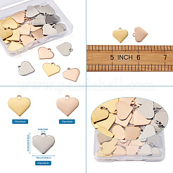 304ステンレススチールチャーム  空白タグのスタンプ  ハート  ミックスカラー  15.5x16x1mm  穴：2mm  40個/箱&nbsp;STAS-BT0001-03