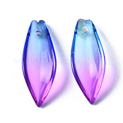 ツートン透明スプレー塗装ガラスペンダント  葉  ブルー  21.5x8x5mm  穴：1.2mm&nbsp;GGLA-S054-015D-02