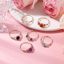 丸い天然ローズクォーツ、アメジスト、フローライト、カーネリアン、アマゾナイト、赤瑪瑙の指輪  女性用銅線巻きリング  内径：18mm&nbsp;RJEW-JR00754