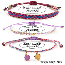 3Pcs 3 Styles Bohemian Adjustable Nylon Cord Braided Bracelet & Glass Beads Braided Bracelet & 304 Stainless Steel Heart Charm Bracelet Set for Women&nbsp;GE8132-1